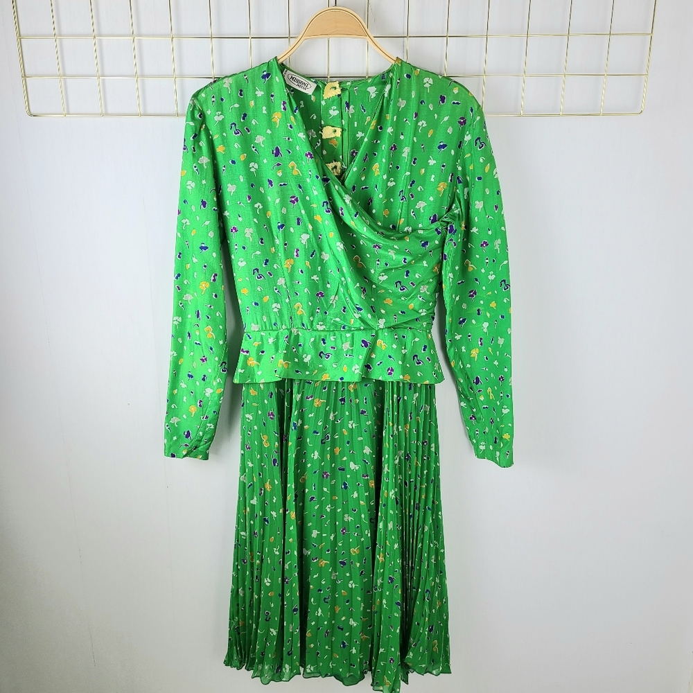 Missoni Donna Made in Italy Silk Pleats Kelly Green Floral Print Vintage Dress